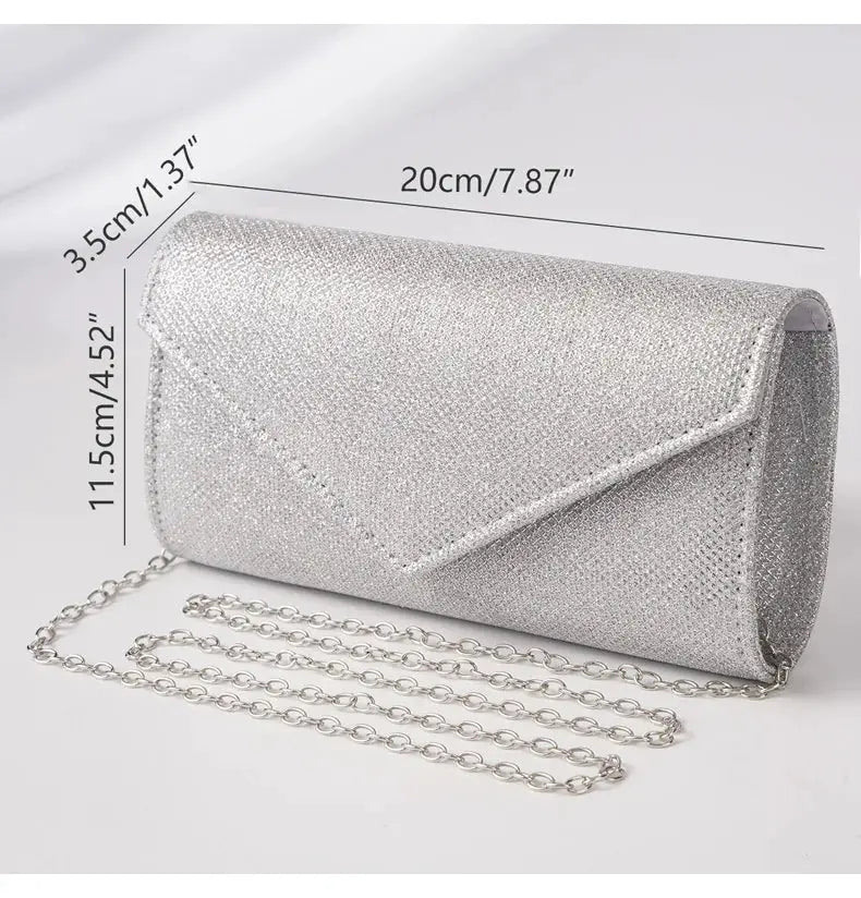 Women's glitter silver envelope evening bag with chain strap from Simples Market