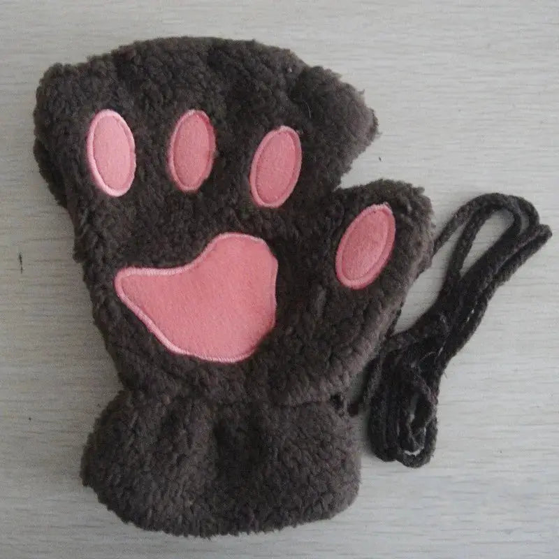 Cartoon Cute Cat Claw Paw Gloves Women Plush Mittens Warm Soft Short Fingerless Fluffy Bear Cat Gloves Costume