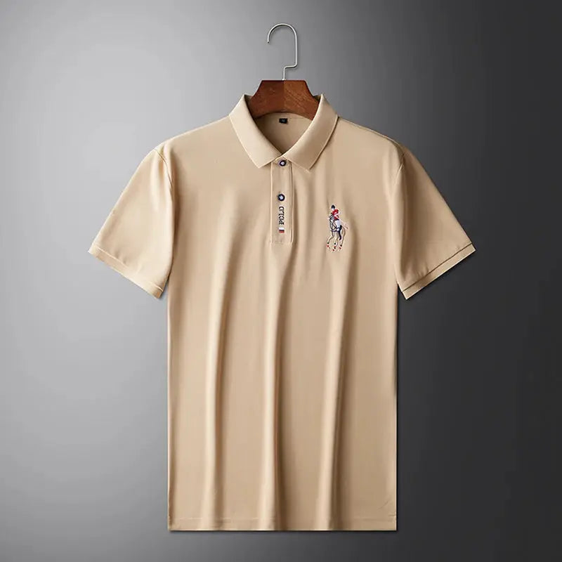 Men's beige polo shirt with short sleeves, embroidered chest polo pony logo, casual summer top