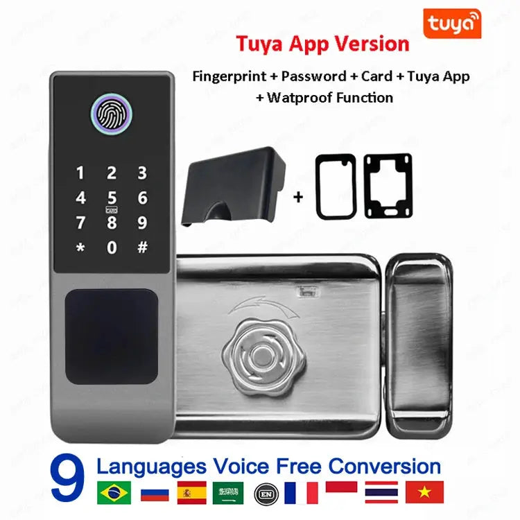 Tuya WiFi fingerprint door lock with keypad, RFID card and mobile app control; stainless steel, IP66 waterproof.