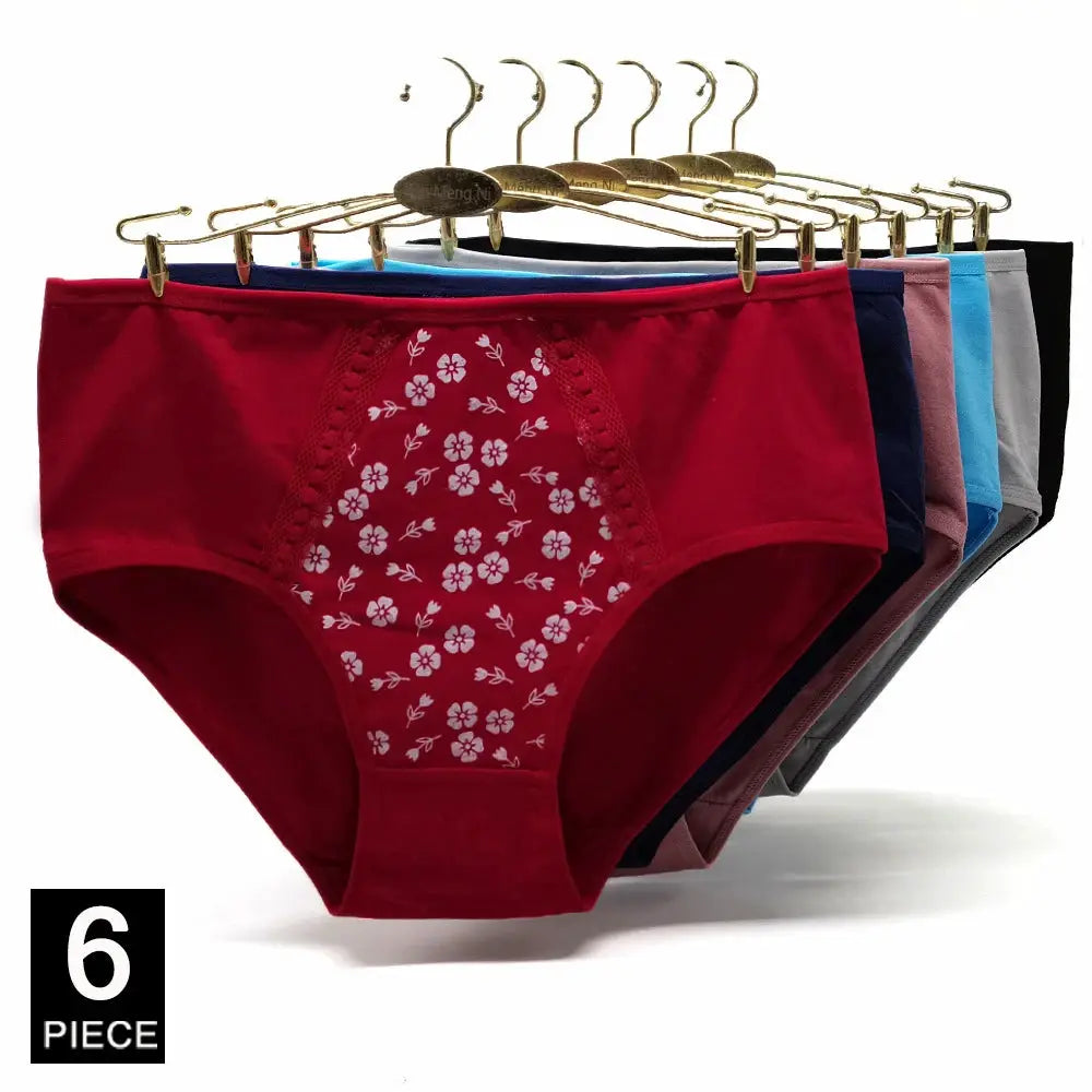 Women's cotton briefs 6-piece set in assorted colors; red pair with floral-print front panel