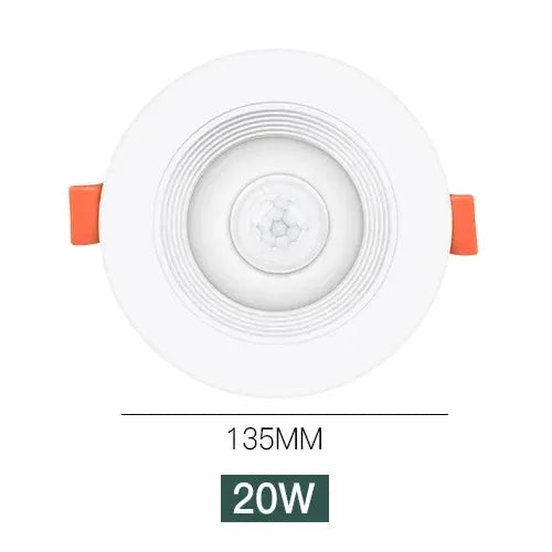 Simples Market PIR Motion Sensor LED Downlight 20W recessed ceiling light, white with orange mounting brackets, 135mm
