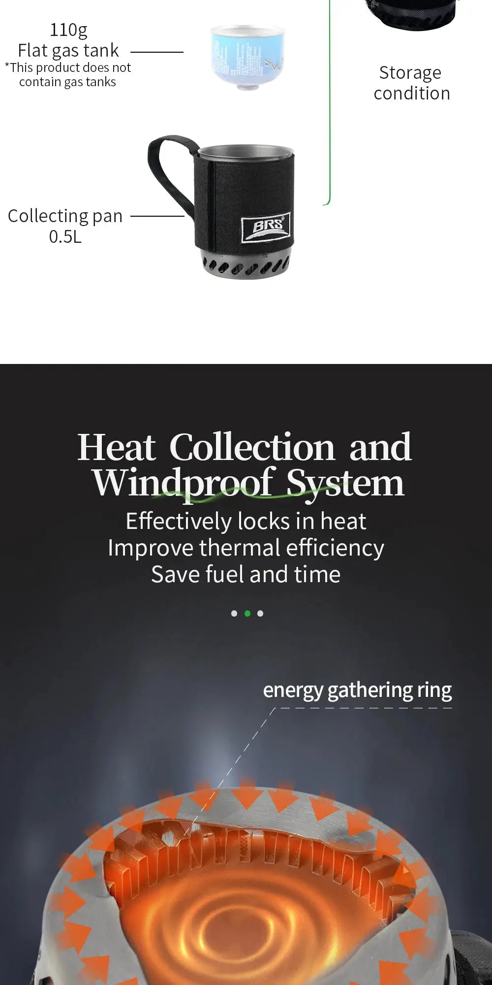 BRS-61 camping integrated heat-collecting pot burner with black neoprene sleeve and 0.5L collecting pan, Simples Market