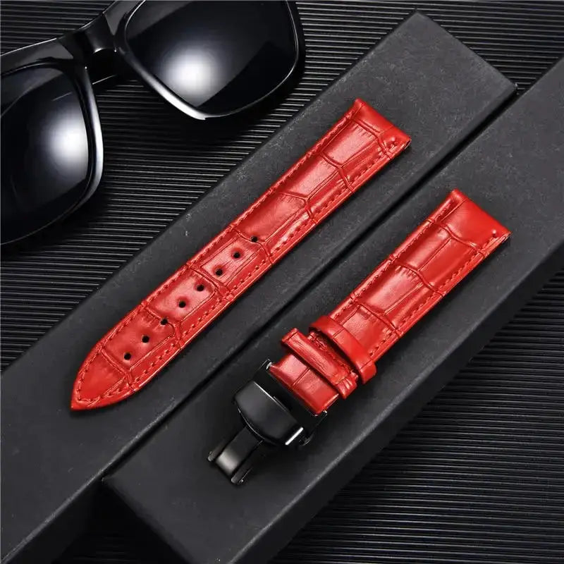 Remzeim Bamboo Pattern Genuine Leather Watch Strap First Layer Cowhide With Steel Butterfly Buckle 18mm 20mm 22mm 24mm