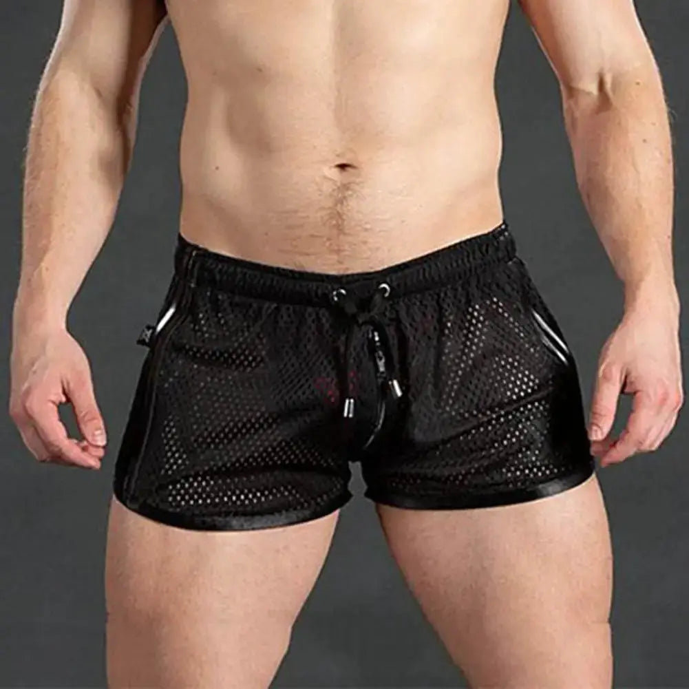 Summer Men Sport Shorts by Simples Market; black hollow-mesh, quick-dry with drawstring and elastic waist