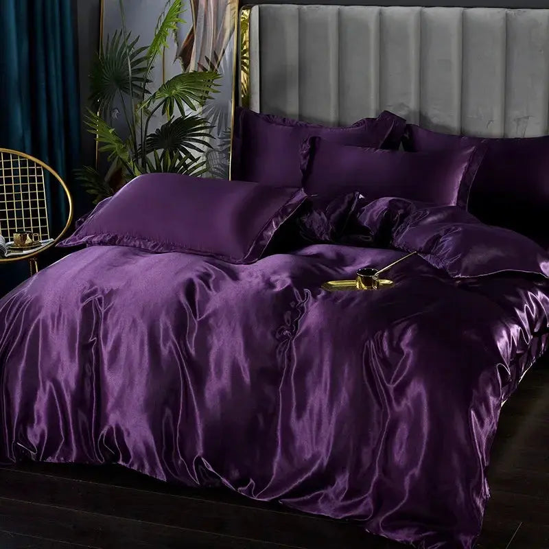 Silk bedding set by Simples Market in purple satin with duvet cover, bed sheet and pillowcases
