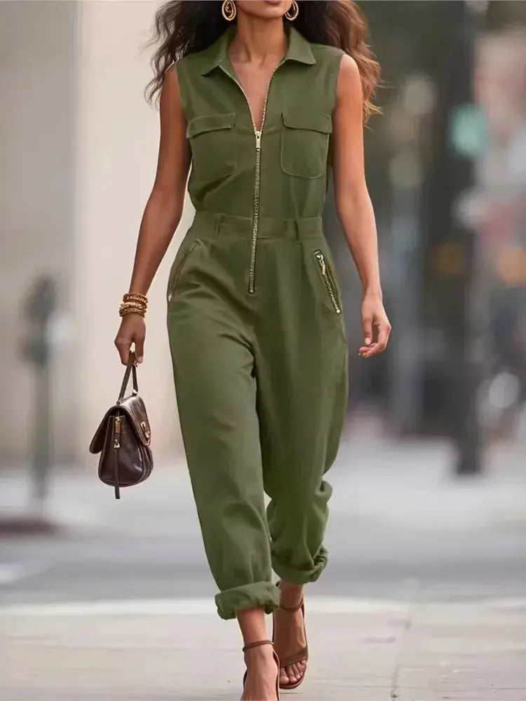 Simples Market olive green sleeveless jumpsuit with front zipper, turn-down collar, and zip pockets