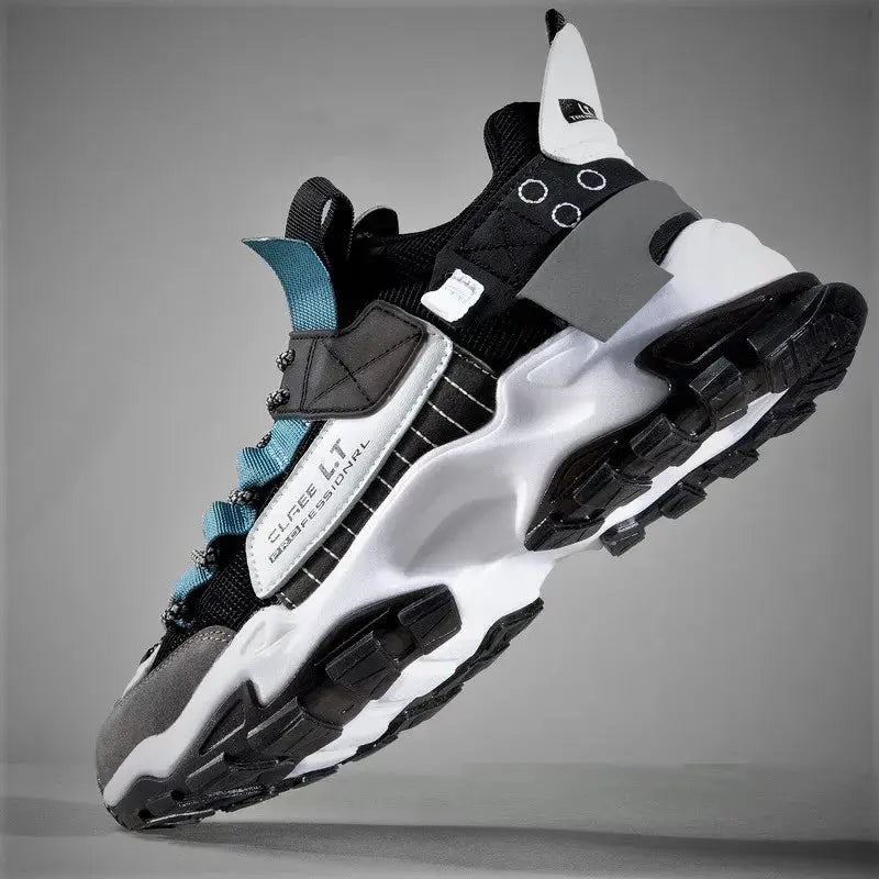 Men's sneakers by Simples Market; black, white and teal breathable trainer with a chunky sole