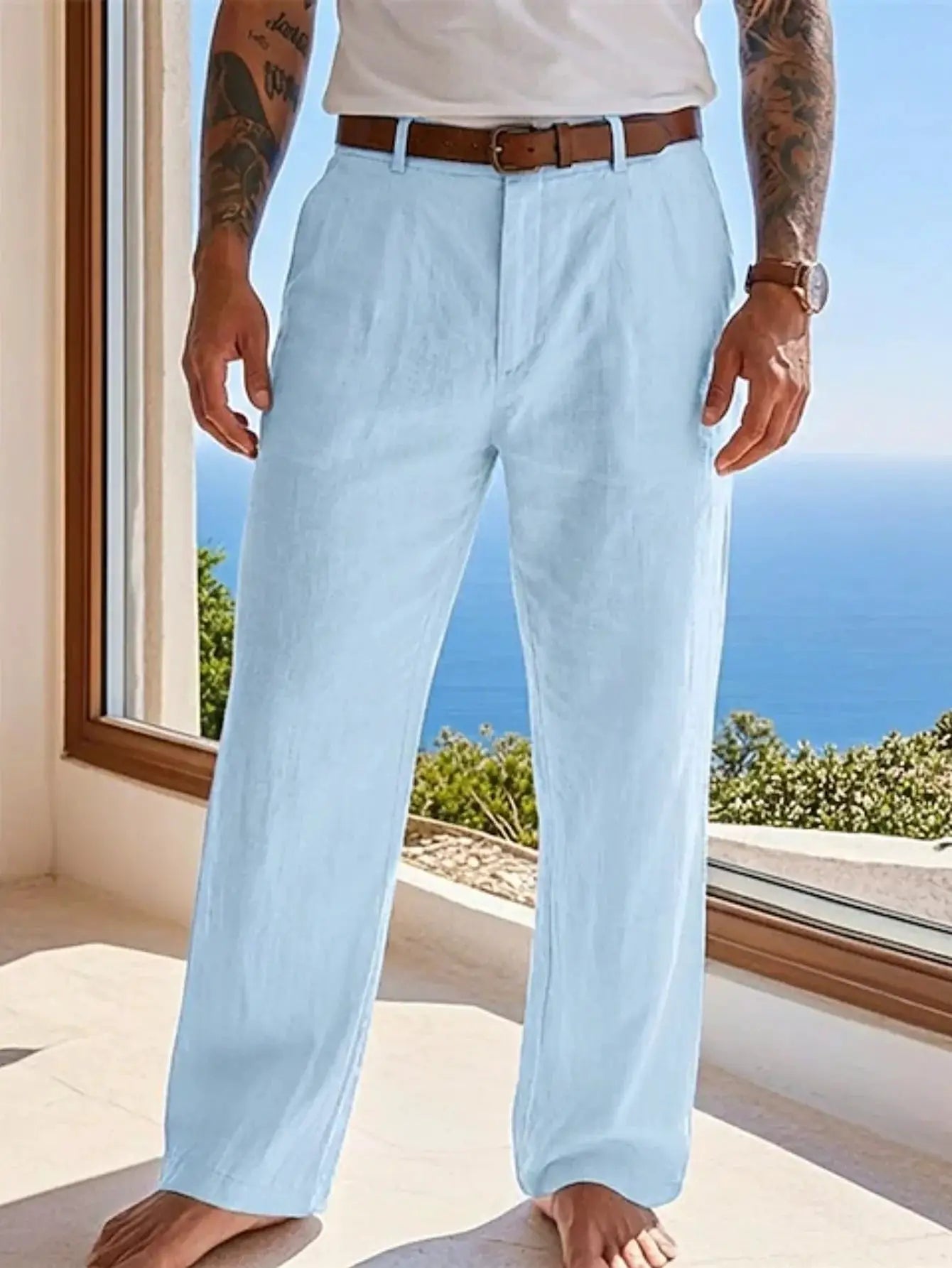Men's cotton-linen pants in light blue with drawstring by Simples Market