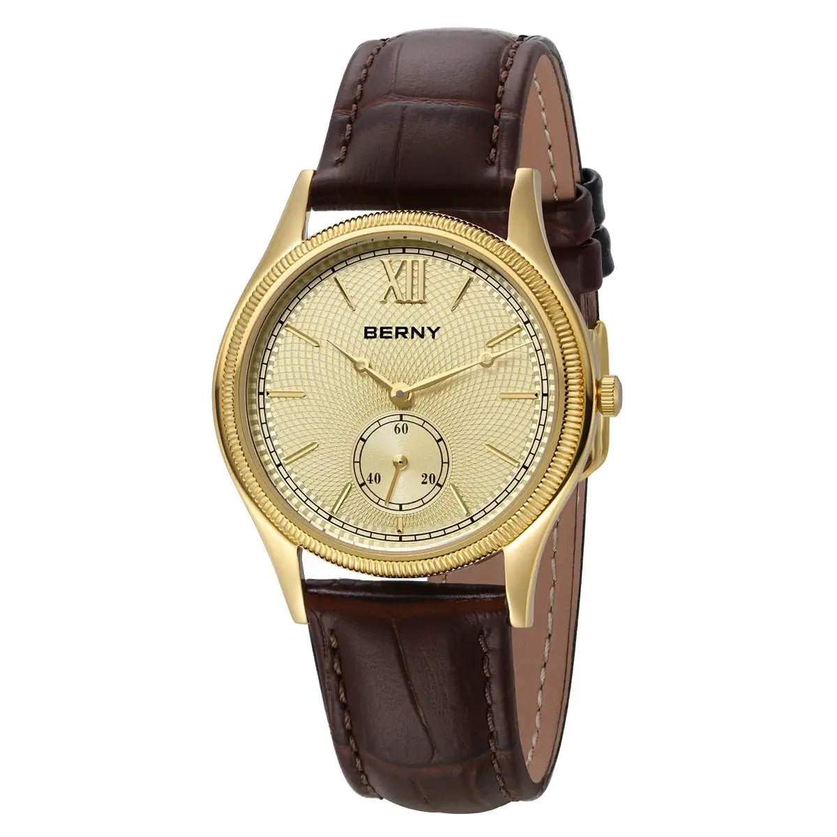 BERNY gold-tone men's dress watch with brown leather strap, quartz movement, textured gold dial