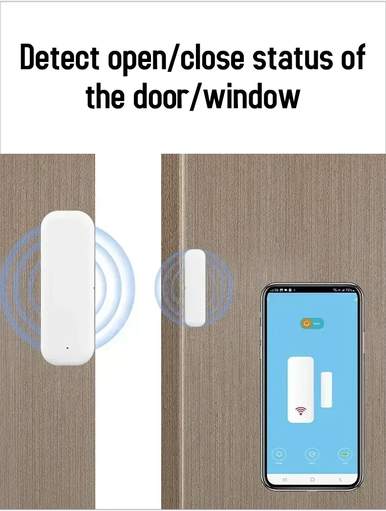 Two-piece white door/window contact sensor set by Simples Market; Tuya WiFi Zigbee with app control