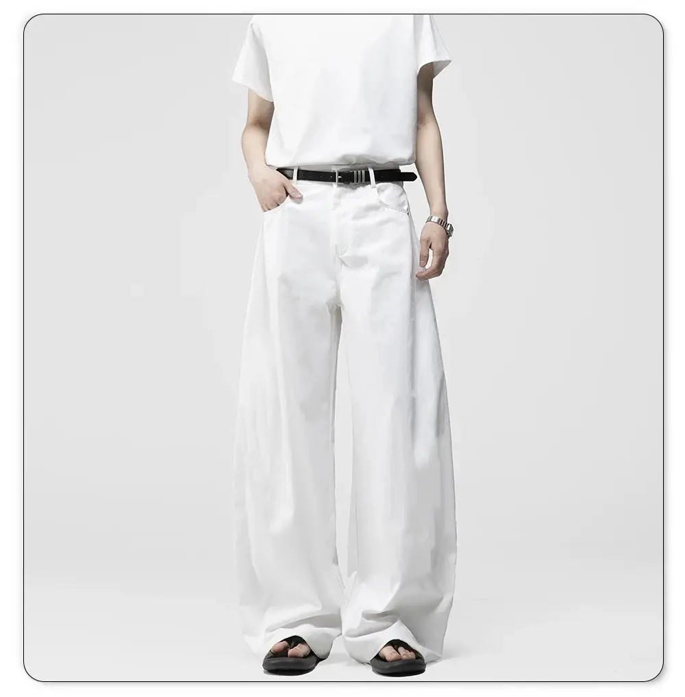 Men's white baggy wide-leg denim pants with black belt, casual daily wear