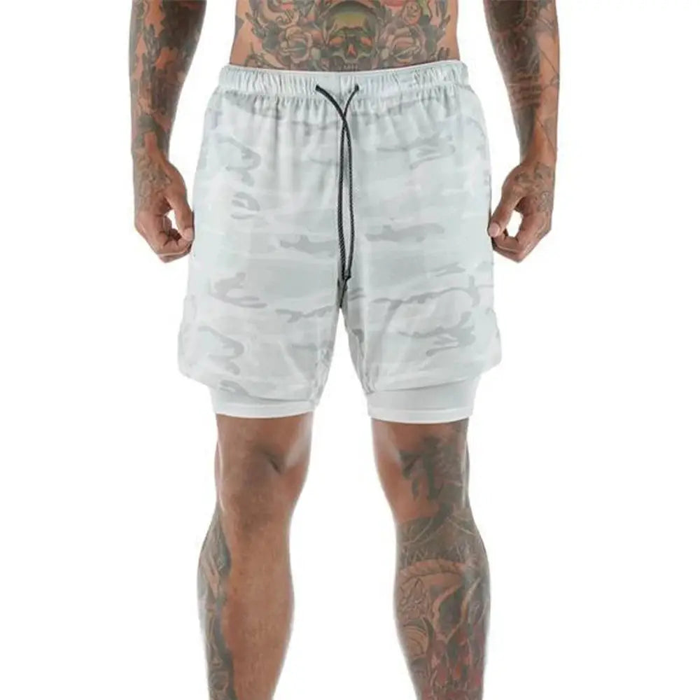 Men's 2-in-1 quick-dry fitness shorts, light gray camo with black drawstring and inner liner, Simples Market