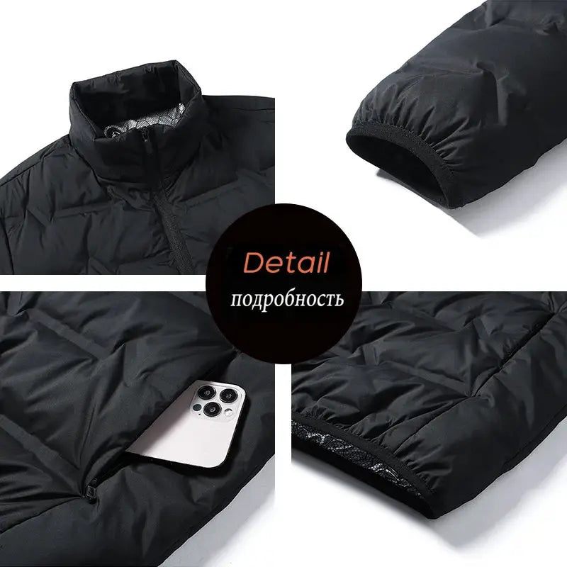 Winter men's black quilted down jacket with zip closure and high collar