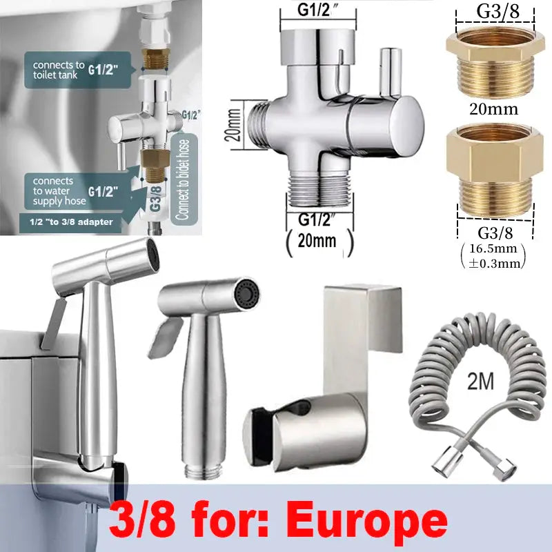 Handheld bidet sprayer kit by Simples Market, stainless steel spray gun with 3-way valve and hoses and adapters