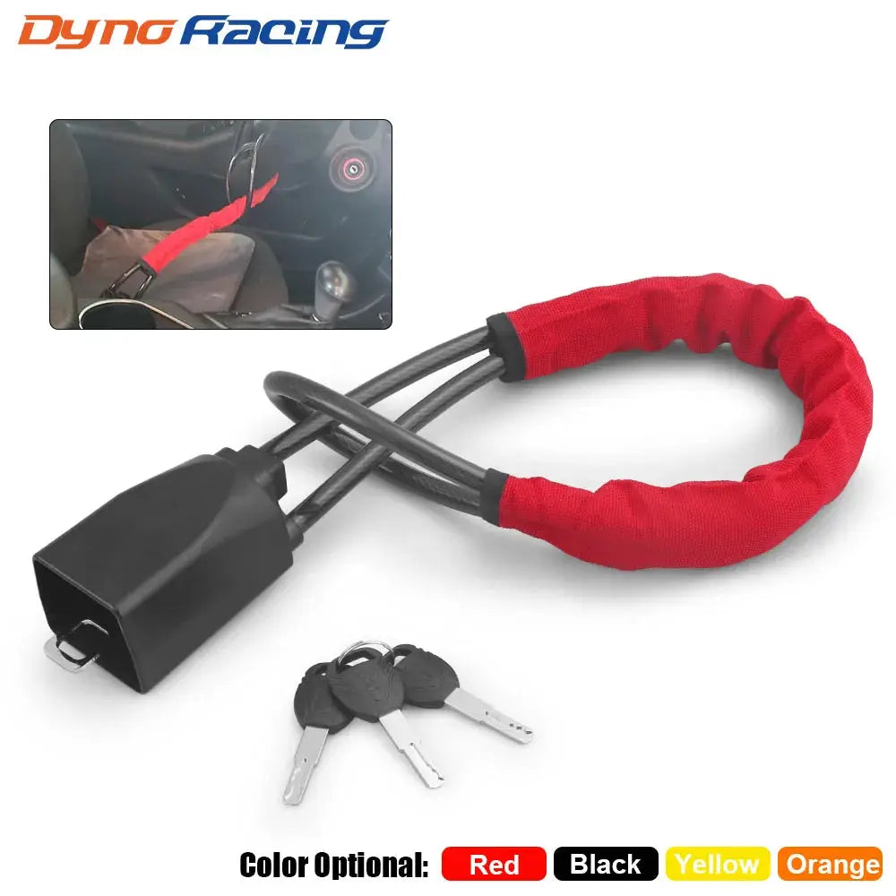 Steering wheel lock with red fabric sleeve and 3 keys; universal anti-theft device