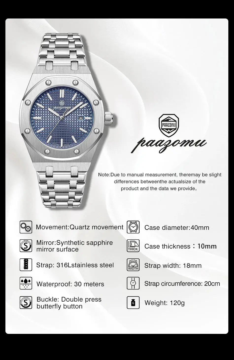 PAAZOMU square stainless steel quartz watch with blue dial and date window on a metal bracelet.