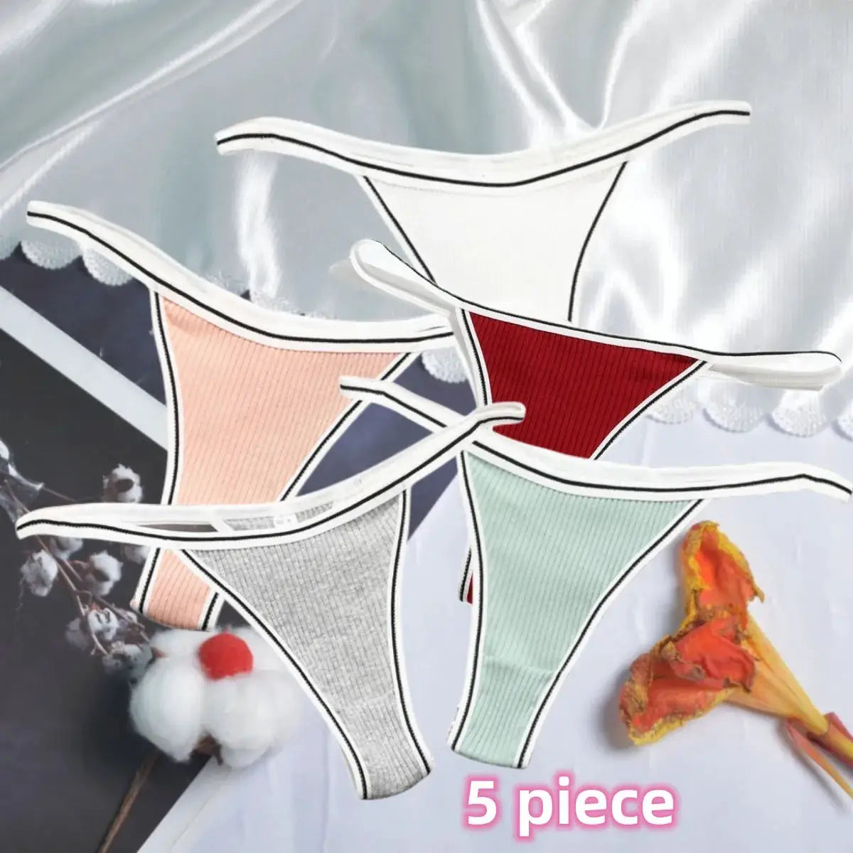Simples Market 5-piece women's cotton seamless thong underwear set in assorted colors.