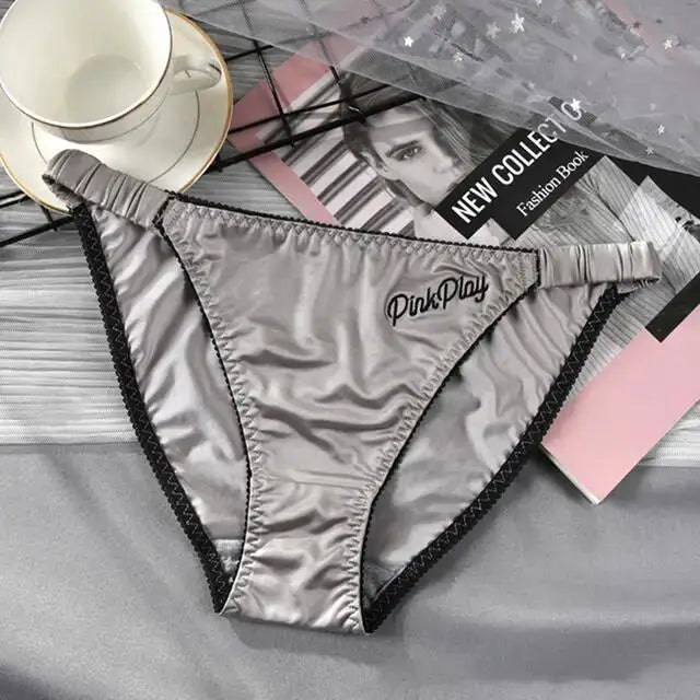 Girls satin ice-silk panties with PinkPlay embroidery, silver-gray with elastic waistband by Simples Market