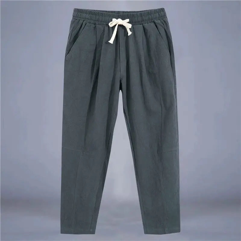 Mens Cotton Linen Solid Color Casual Pants Breathable Loose Fit Trousers With Drawstring Waist Streetwear