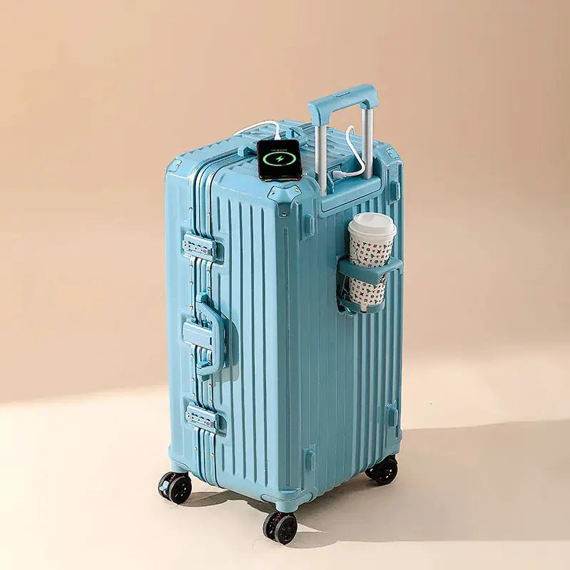 Blue hard-shell carry-on suitcase with USB charging, four spinner wheels, and side cup holder