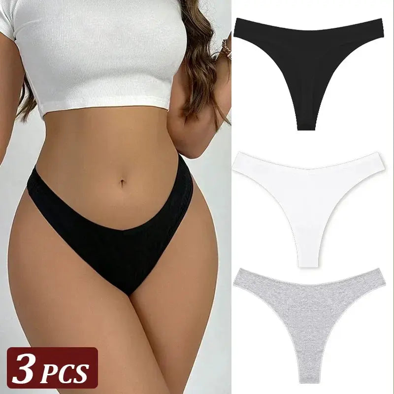 Simples Market 3-piece seamless cotton thong set for women in black, white, and gray; low-waist T-back underwear