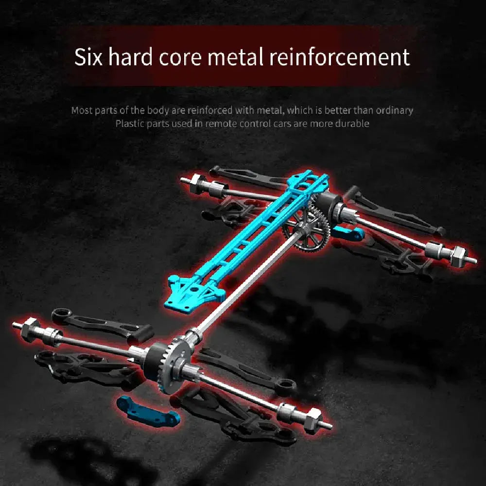 Teeggi 16101/16102 PRO 1:16 RC car chassis with blue reinforcement beam and metal components