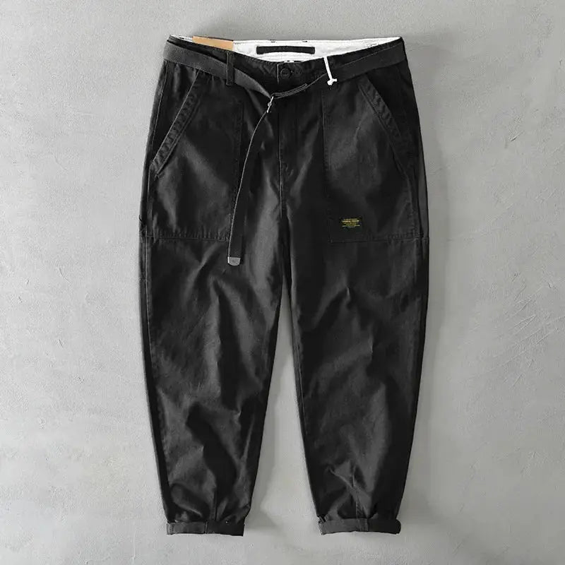 Men cargo pants, black pure cotton, belt included, loose fit