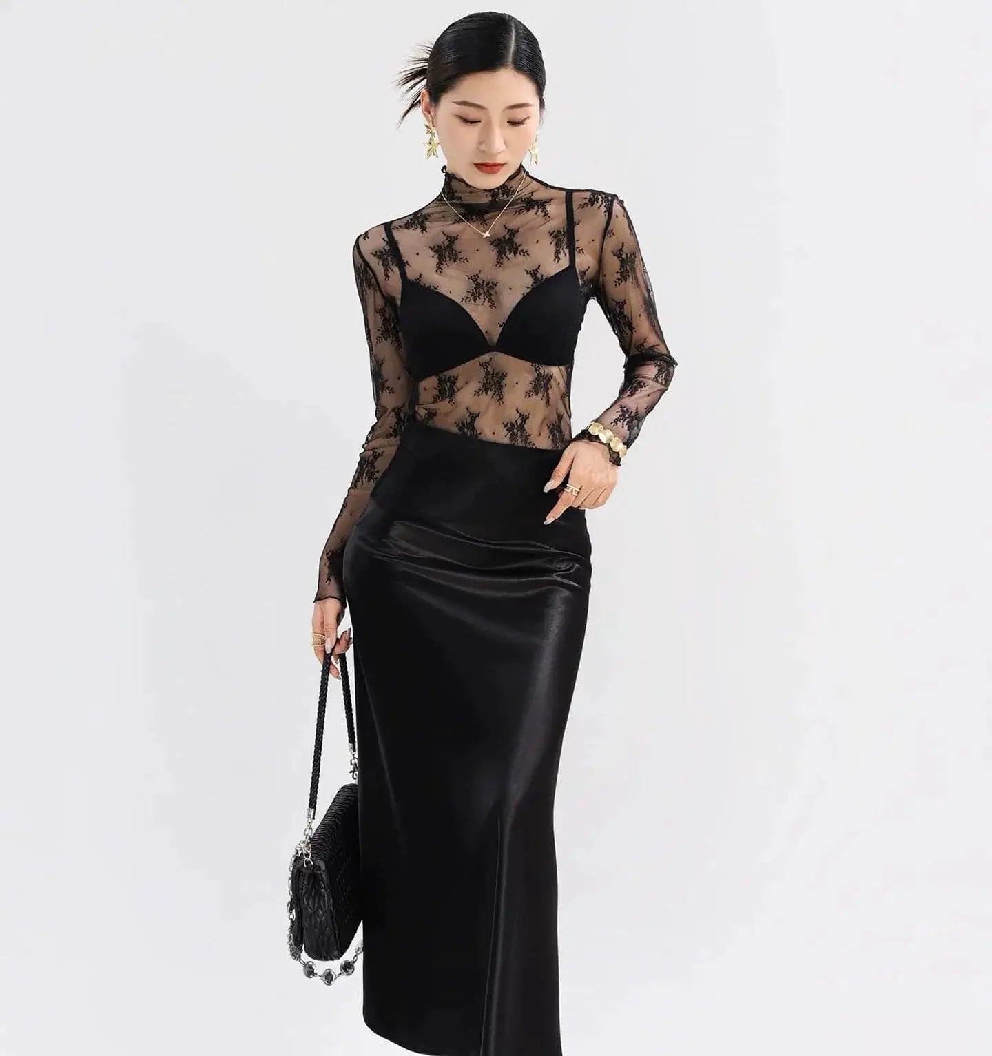 Sexy Women Mesh T Shirt See Through Top Lace Blouse Long Sleeve O Neck Sheer Crop Tee For Night Club Party
