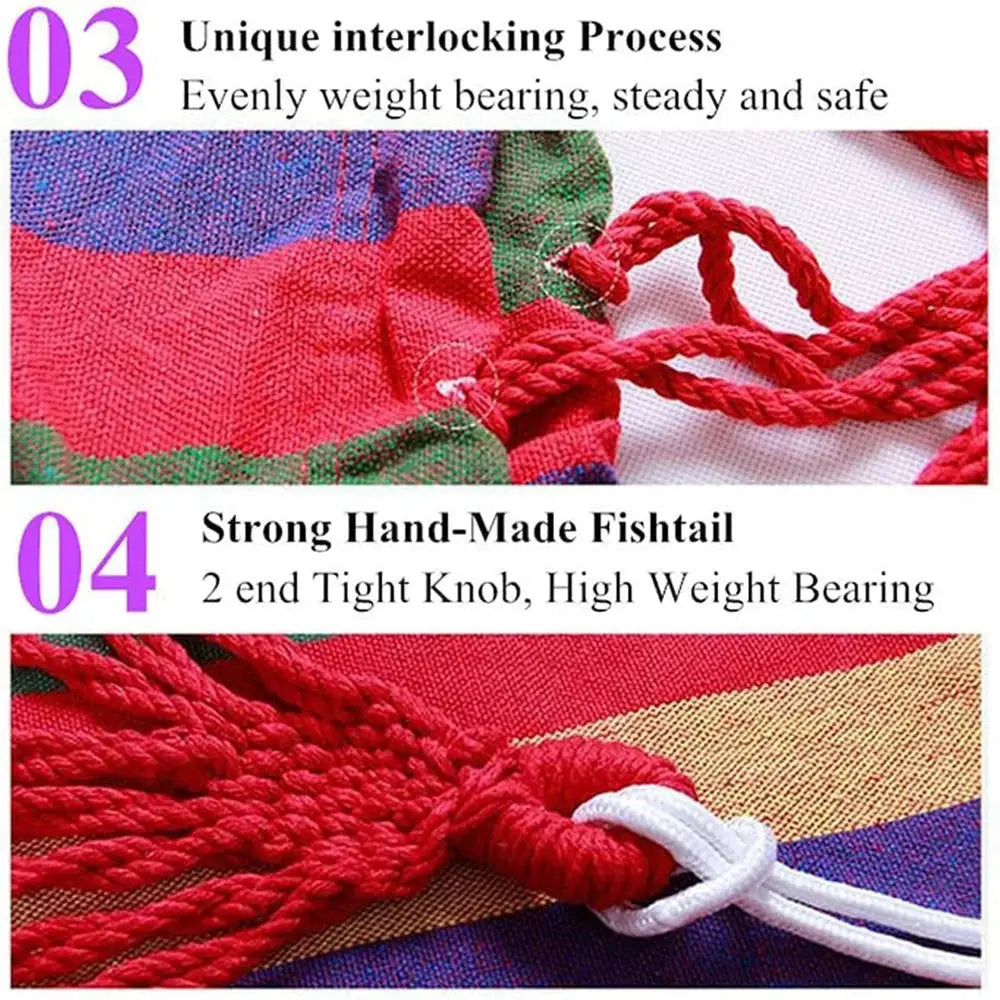 Double hammock for 2 by Simples Market, red and blue canvas cotton with tree straps.