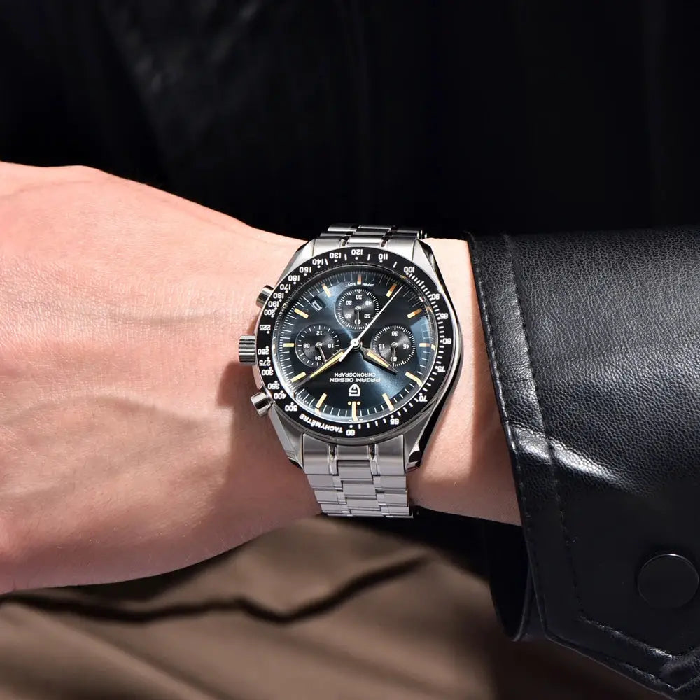 Pagani Design men's chronograph watch on a stainless steel bracelet with black dial and tachymeter bezel