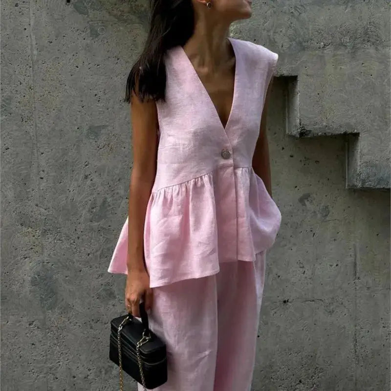 Women Sleeveless V Neck Top Two Piece Summer Set With Straight Pants