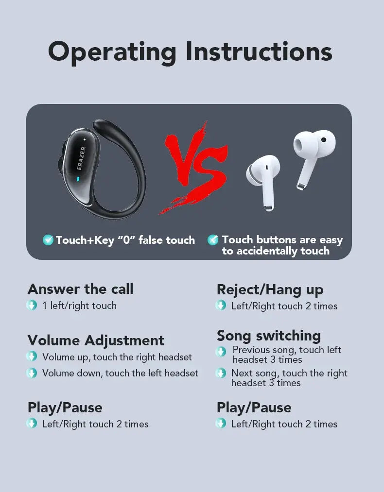 ERAZER XT80pro TWS AI Bluetooth earphones with earhooks, black, active noise cancellation