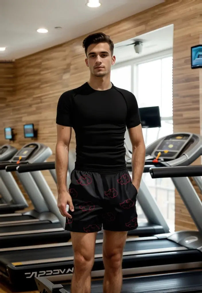 Anime running shorts for men by Simples Market, black quick-dry gym shorts with red cloud print.