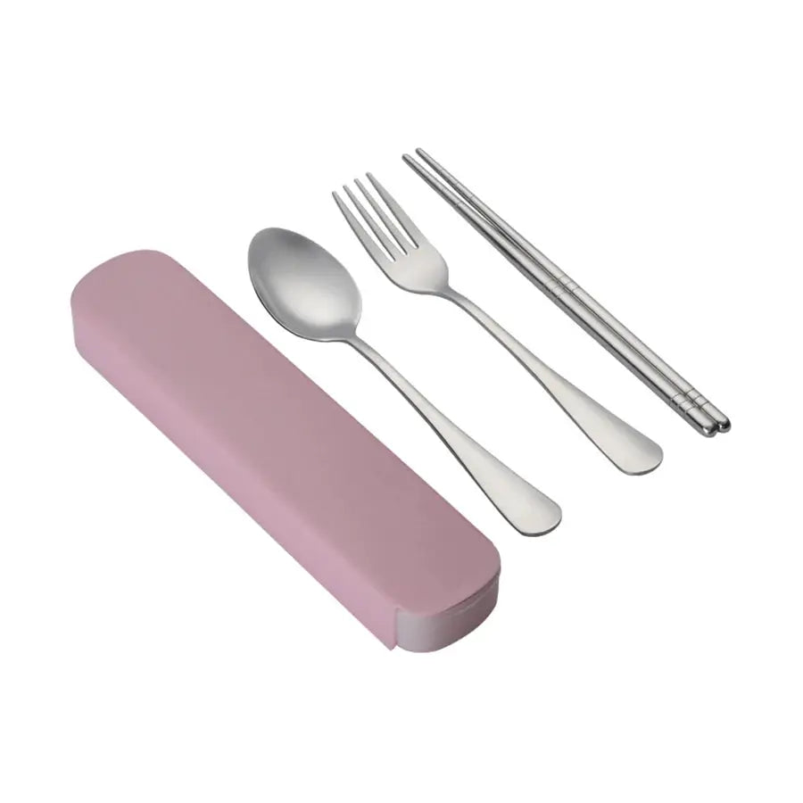 3-piece stainless steel Korean cutlery set with pink pull-out case (spoon, fork, chopsticks)