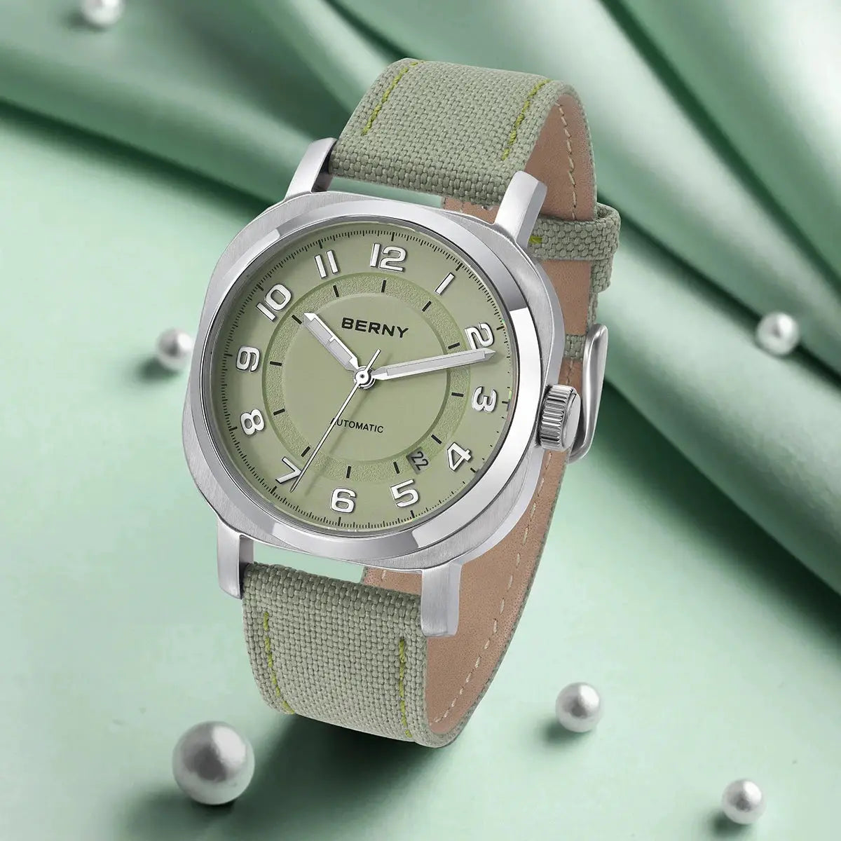BERNY women's automatic mechanical watch with green dial, silver case and green fabric strap