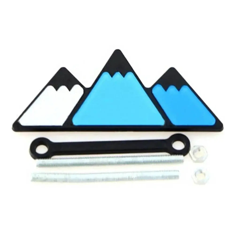 Grille badge emblem with three-color mountain design for Toyota; includes mounting bracket, 2 screws and 2 nuts.