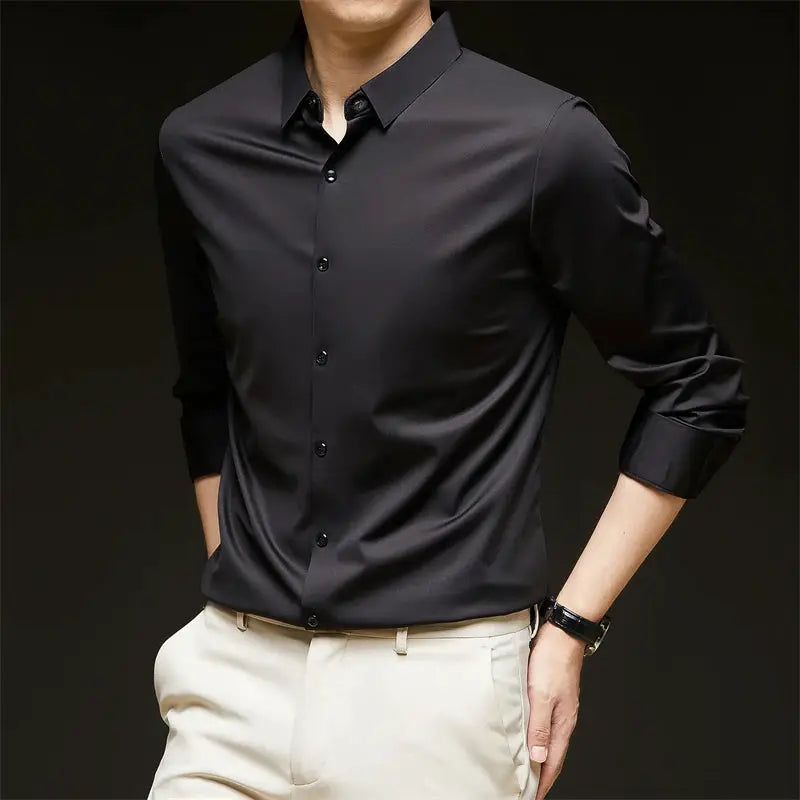 Men's solid black wrinkle-resistant long-sleeve business casual shirt