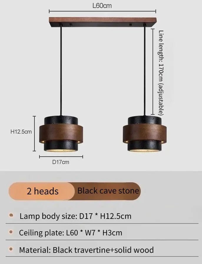 Japanese Wabi Sabi two-head bar pendant lamp in black travertine and solid wood with a 60cm ceiling plate