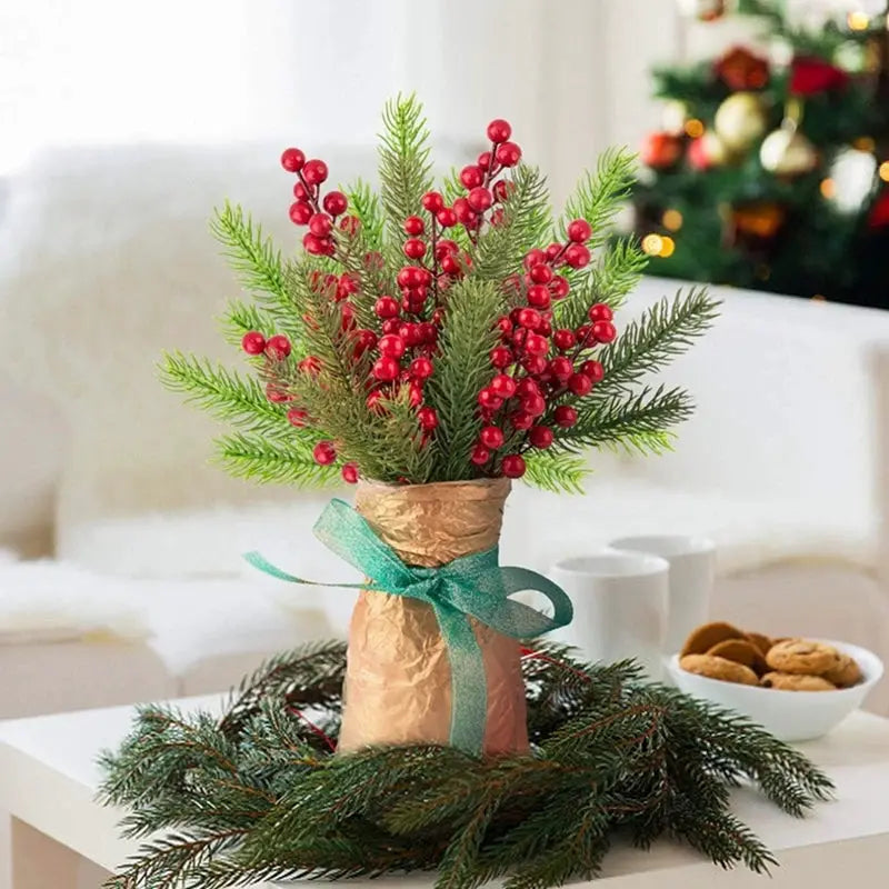 Simples Market 10Pcs artificial pine branch holly berry bouquet in brown wrap with teal ribbon, Christmas centerpiece