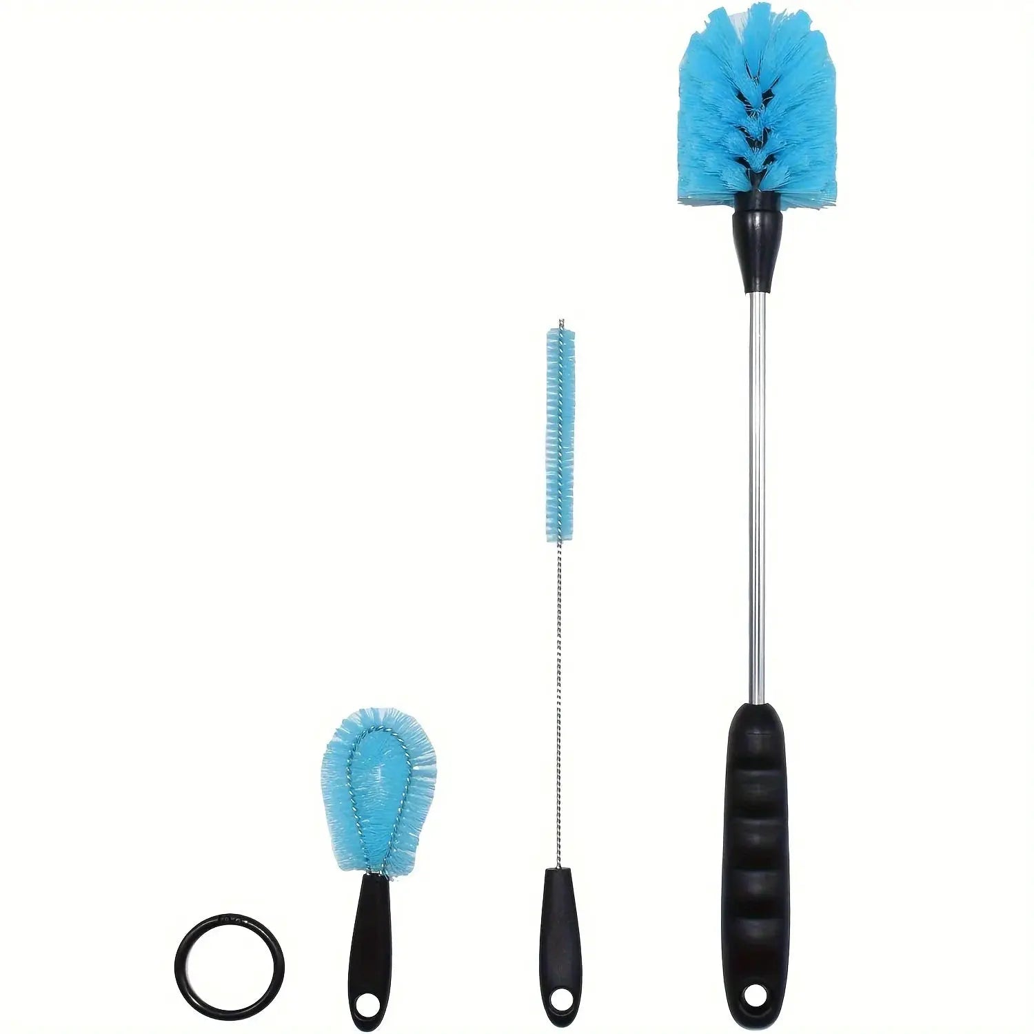 Simples Market 3-in-1 stainless steel bottle brush set with long handle and blue bristles, includes straw and small brushes