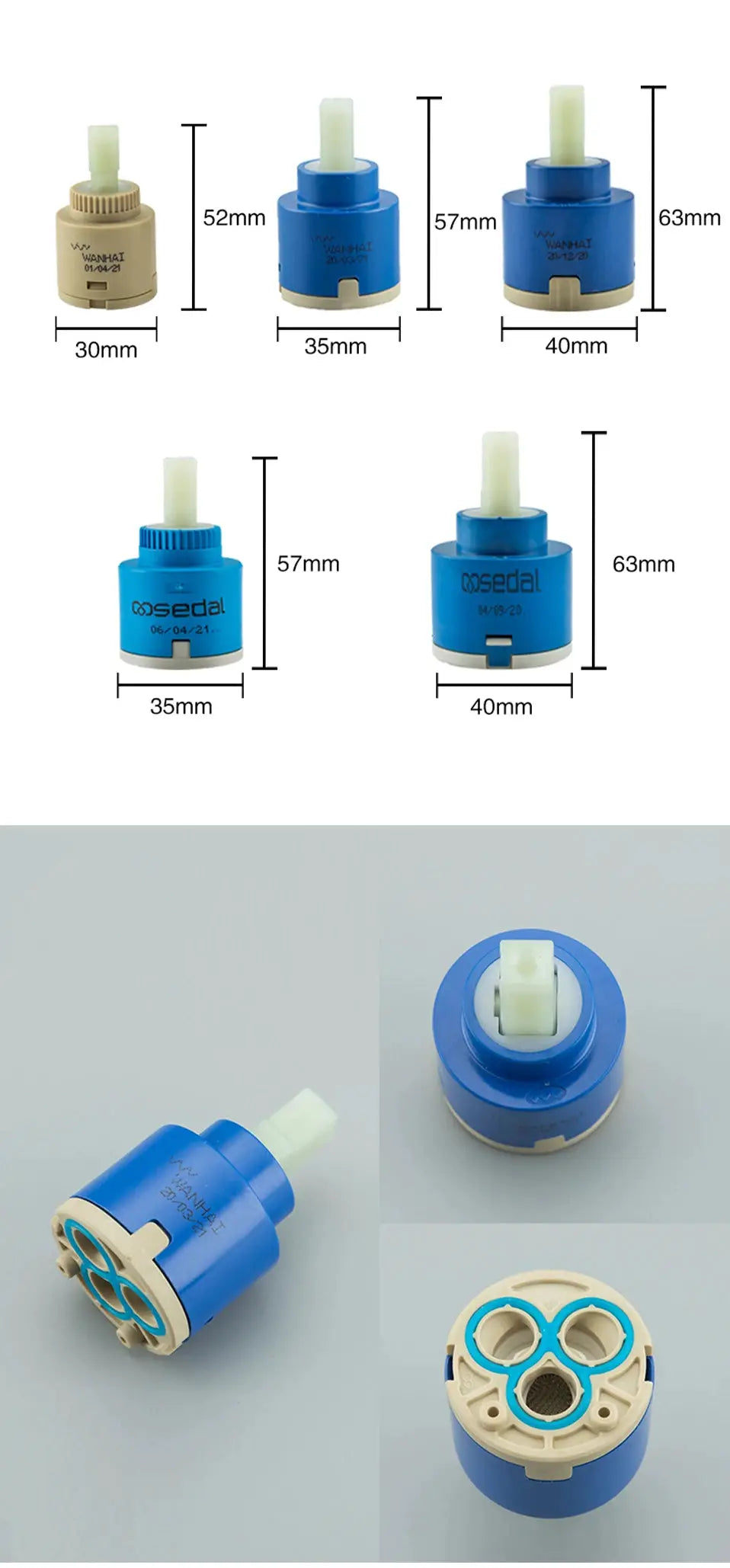 Simples Market faucet valve cores set; ceramic cartridges for hot/cold kitchen basins (30/35/40mm), blue/beige.