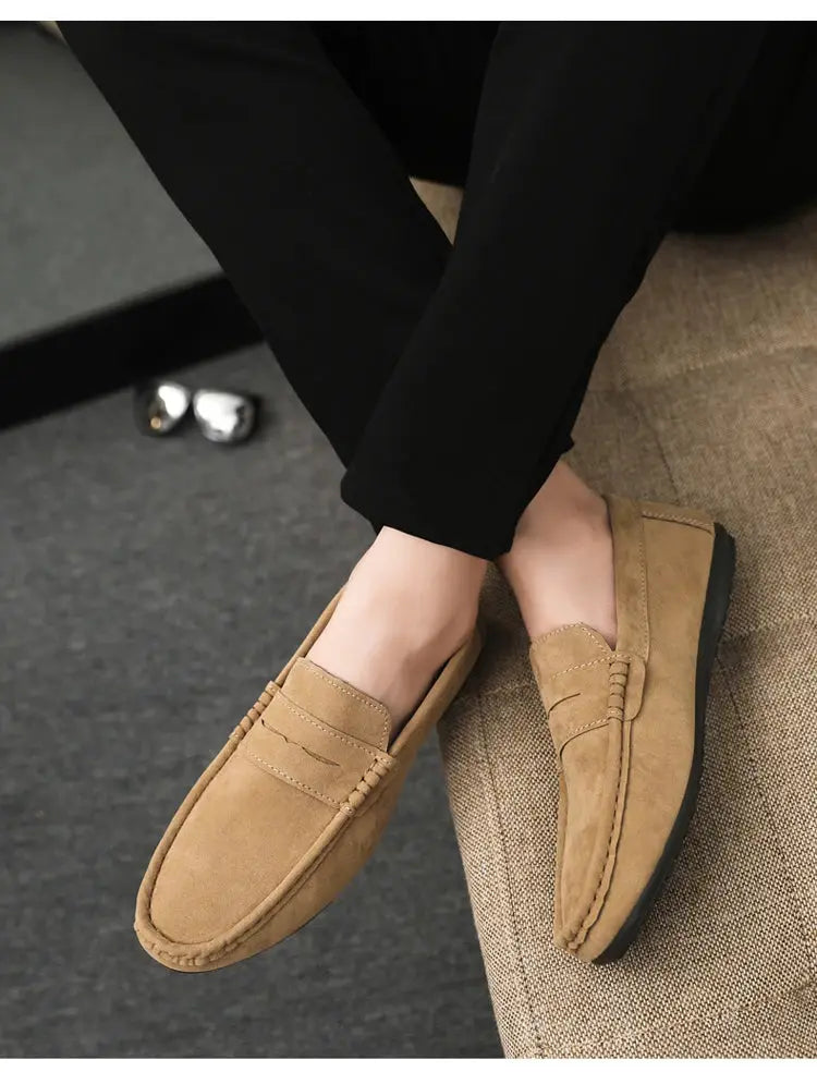 Casual men's driving loafers in tan suede with black sole
