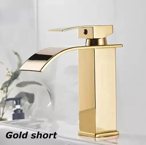 Basin faucet in gold-tone finish with single lever, modern square design for bathroom sinks.