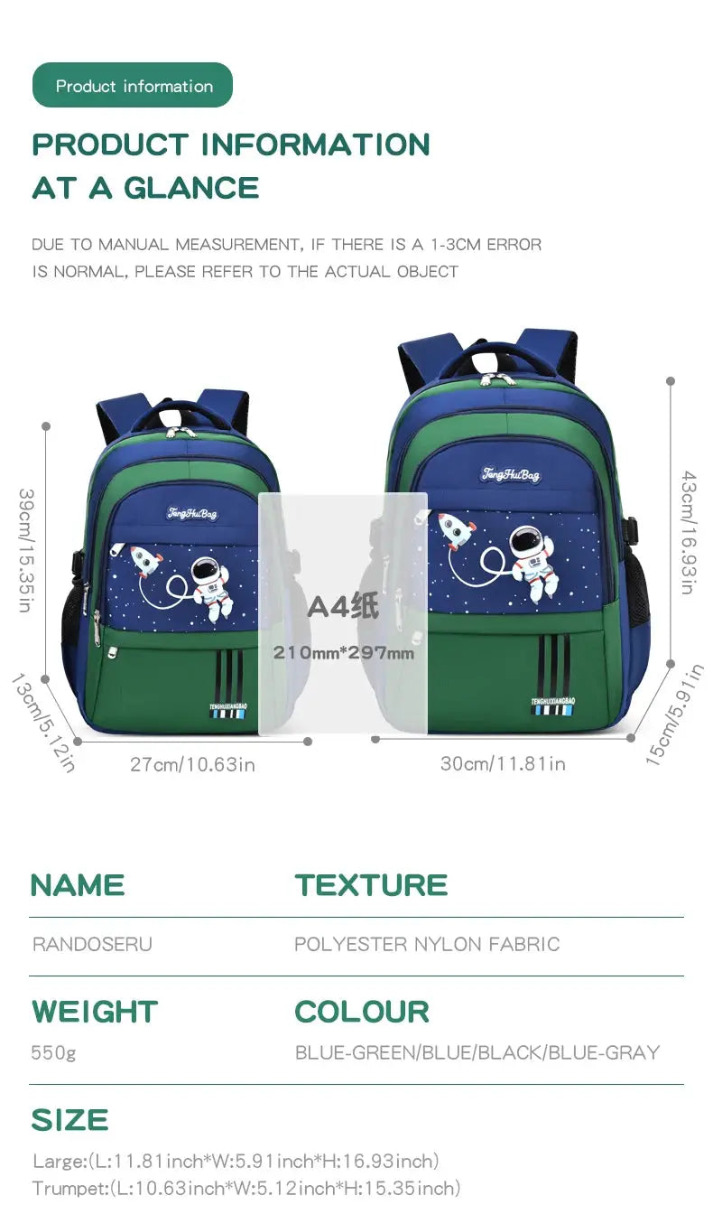 Simples Market astronaut kids’ school backpacks pair in blue-green, waterproof polyester nylon.