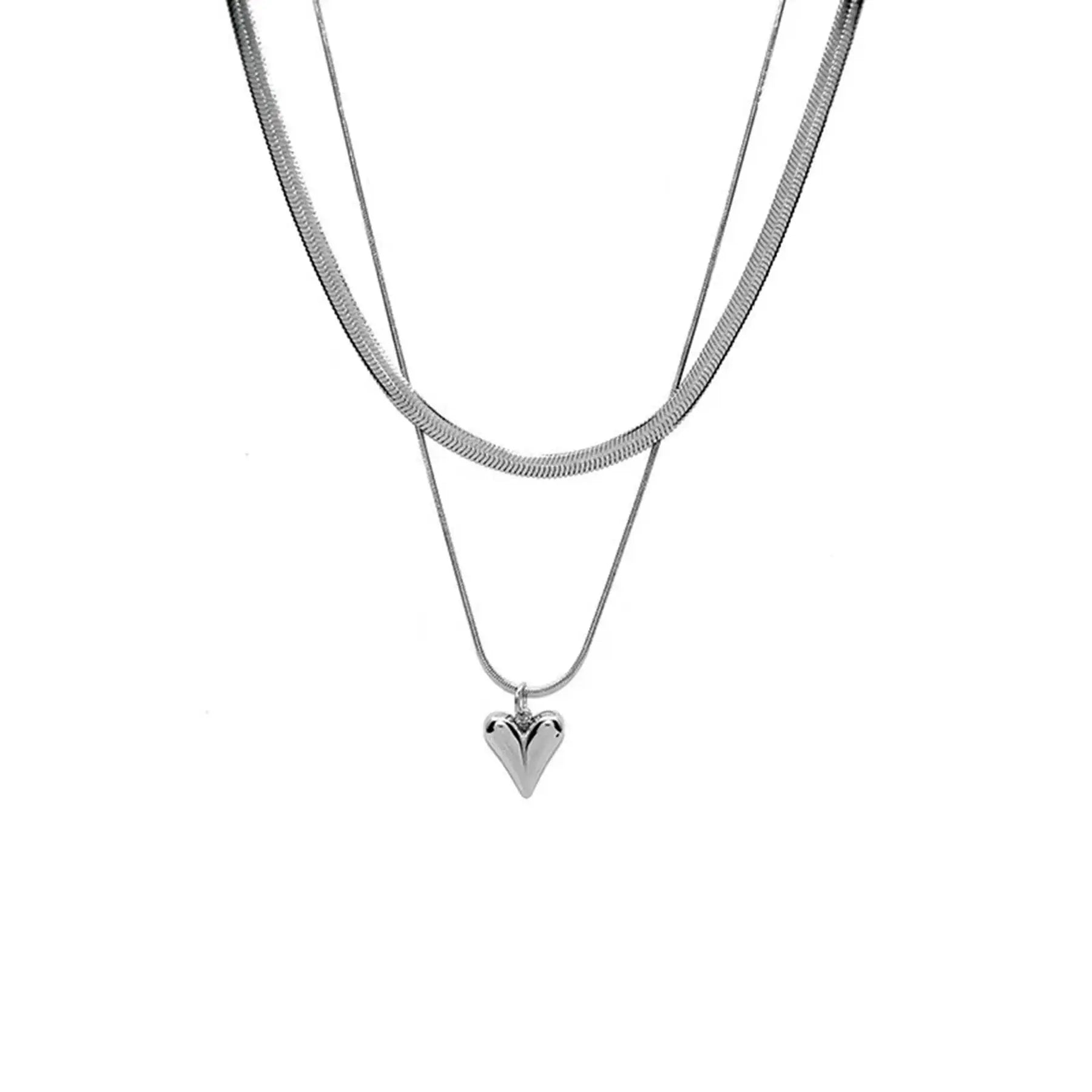 Seakissky Double Layer Stainless Steel Necklace With Love Heart Pendant Simple Stylish Gift For Women
