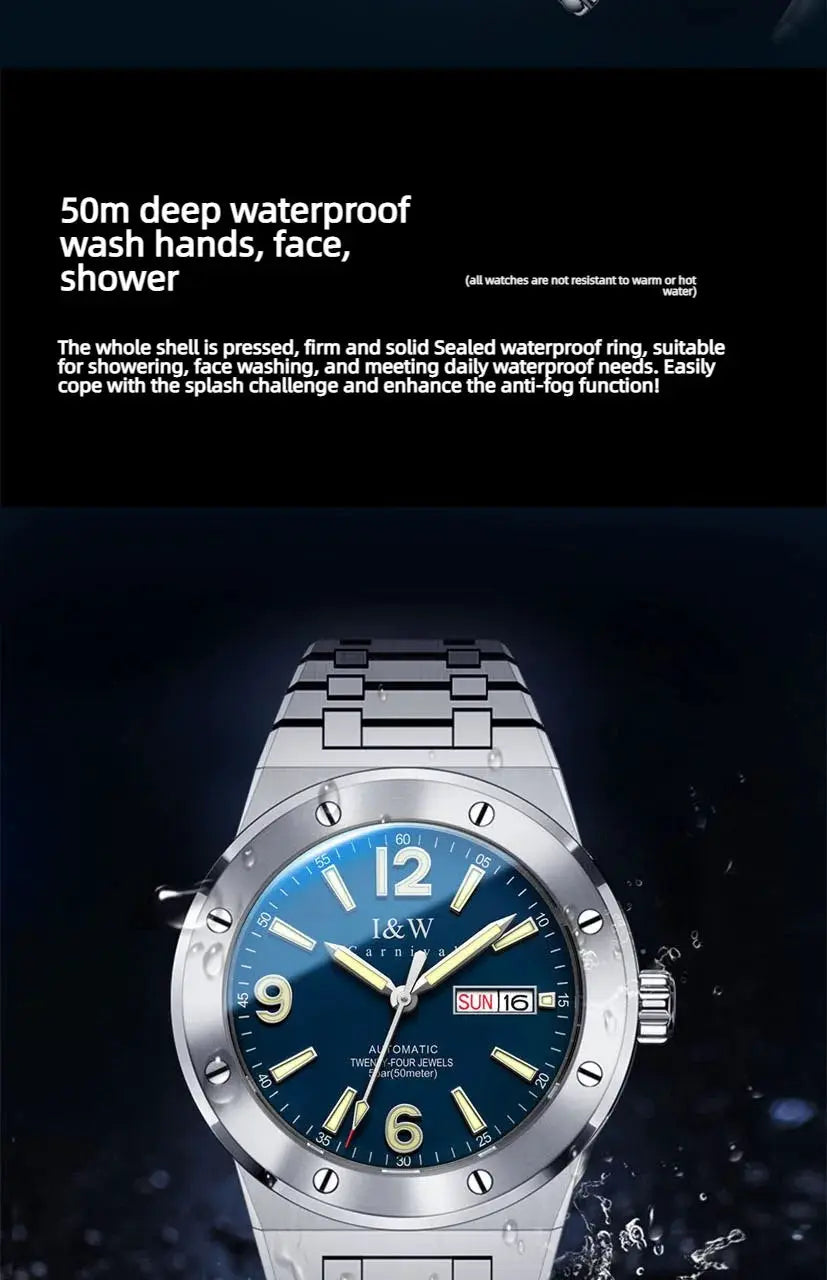 Carnival Brand IW high-end sapphire automatic watch with blue dial, stainless steel case and bracelet, day/date display
