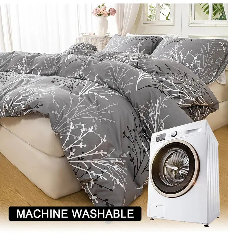 Simples Market 3pc leaf floral duvet cover set in gray with white branch pattern; includes 1 duvet cover and 2 pillowcases, machine washable