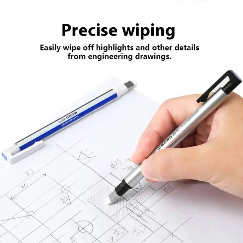 Two Tombow precision eraser pens for artists, silver metal bodies with black clips