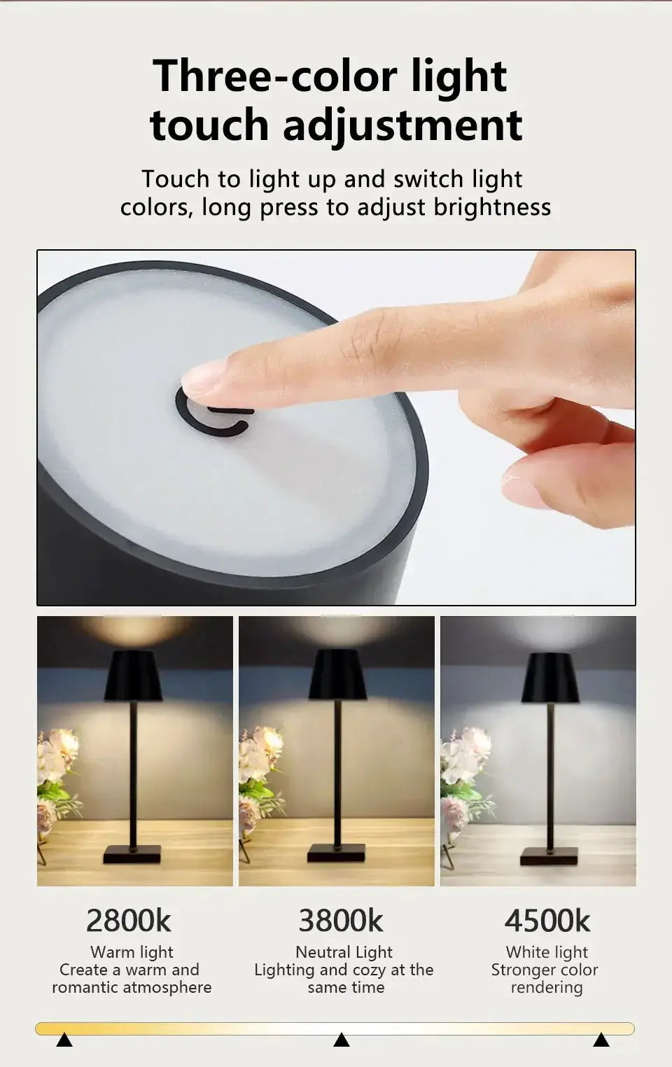 LED desk lamp by Simples Market; black USB rechargeable table lamp with touch control and 3 color temps.